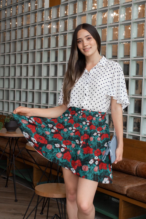 Red Floral Skater Skirt Colorful Red Flowers With White Blooms