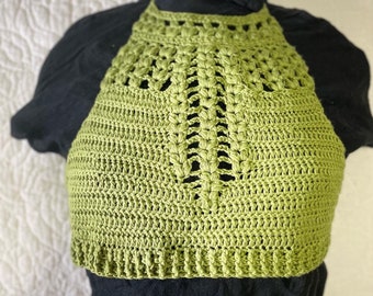 Crop Top Halter in green cotton/rayon yarn - hand crocheted Festival Top