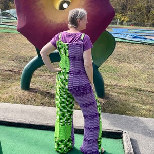 Green and Purple Crochet Blanket Overalls - adjustable straps - one of one - unique - dungarees - festival fashion - edm