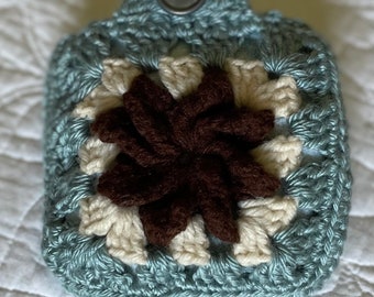 Little Coin Purse with Button and Hanging Loop - upcycled from vintage crochet blanket - zero wast project - blue  / brown / beige
