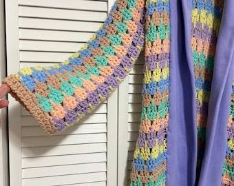 Pastel Rainbow Crochet Upcycle Blanket Jacket - Coat - Duster -  lilac collar of sweatshirt fleece - thrifted materials - remake - handmade