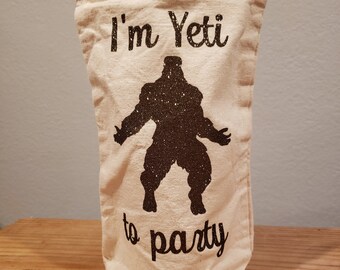 I'm Yeti To Party Wine Tote - Gift Bag - Cotton Canvas - Bigfoot Sasquatch Gift - Black with Gold Glitter