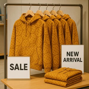 May include: Mustard-yellow hoodies with a waffle pattern hang on a metal rack. A folded hoodie sits on a wooden table next to signs that read "SALE" and "NEW ARRIVAL". The hoodies have a front pocket and a drawstring hood.