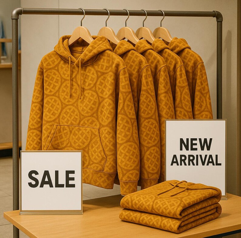 May include: Mustard-yellow hoodies with a waffle pattern hang on a metal rack. A folded hoodie sits on a wooden table next to signs that read "SALE" and "NEW ARRIVAL". The hoodies have a front pocket and a drawstring hood.