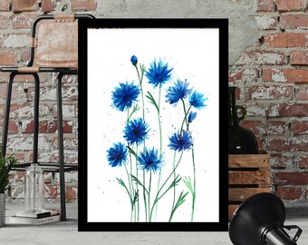 Blue Flowers Watercolor Art Download,  Instant Watercolor Downloadable Art, Blue Cornflowers Art, Watercolor Botanical Printable Artwork