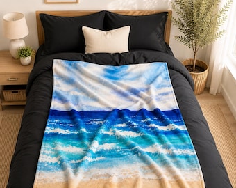 Fleece Sherpa deken met oceaan- en strandmotief | Kustlandschap plaid