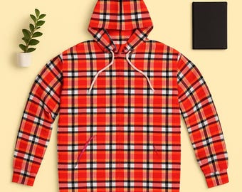 Red Plaid Hoodie Cozy Unisex Pullover Soft Checkered Casual Wear Warm Winter Street Apparel