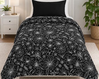 Hand-Drawn Floral Pattern Cotton Duvet Cover | Black White Sketch