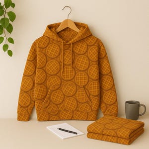 May include: Mustard-colored hoodie with a waffle pattern, a front pocket, and a matching folded blanket. A gray mug, a notepad, and a pen are on the table. The hoodie is hanging on a wooden hanger.