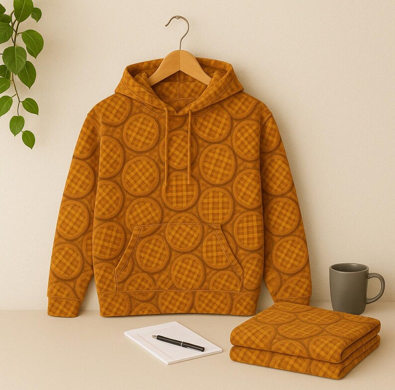 May include: Mustard-colored hoodie with a waffle pattern, a front pocket, and a matching folded blanket. A gray mug, a notepad, and a pen are on the table. The hoodie is hanging on a wooden hanger.