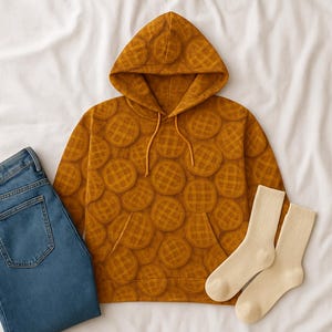 May include: Mustard yellow hoodie with a waffle pattern, blue jeans, and cream-coloured socks. The hoodie features a drawstring and a kangaroo pocket. The waffle design covers the entire hoodie, creating a fun and unique look.