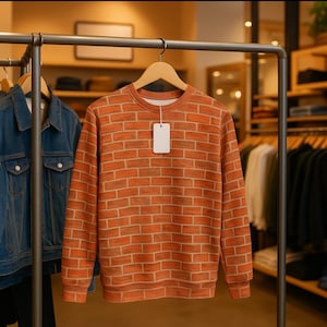 May include: A crew neck sweatshirt with a brick pattern in shades of orange and brown hangs on a wooden hanger. The sweatshirt has a blank white tag attached. A denim jacket hangs to the left. The background shows clothing racks and shelves.