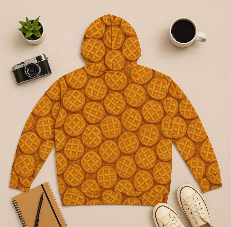 May include: A hooded sweatshirt featuring a repeating pattern of golden-brown waffles. The waffle design covers the entire garment, including the hood and sleeves. The sweatshirt is displayed on a neutral surface with a camera, coffee cup, plant, notebook, and shoes.