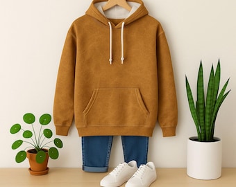 Rustic Brown Hoodie Faux Leather Style Print Streetwear AOP Sweatshirt Everyday Apparel