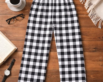 Herren Buffalo Plaid Gingham Pyjama Hose, Schwarz und Weiß Karo Lounge Nachtwäsche