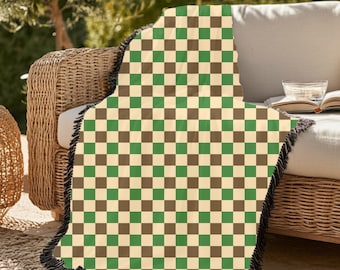 Checkered Woven Throw Blanket, Cotton Plaid Blanket with Fringe Cottagecore Decor Gift