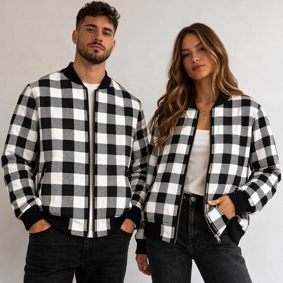 Men's Plaid Bomber Jacket Black White Buffalo Check Streetwear