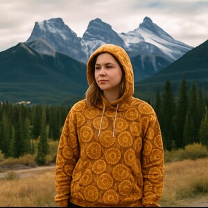May include: Mustard-colored hoodie with a repeating circular pattern. The hoodie has a drawstring and a hood. The background features a mountain range and a forest. The hoodie is made of a soft, comfortable material.