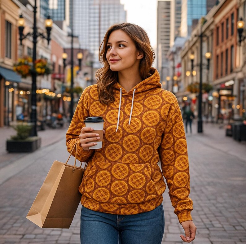 May include: A hooded sweatshirt with a waffle pattern in shades of brown and yellow. The sweatshirt has a front pocket and white drawstrings. The person is holding a coffee cup and a brown paper shopping bag. The background is a city street.