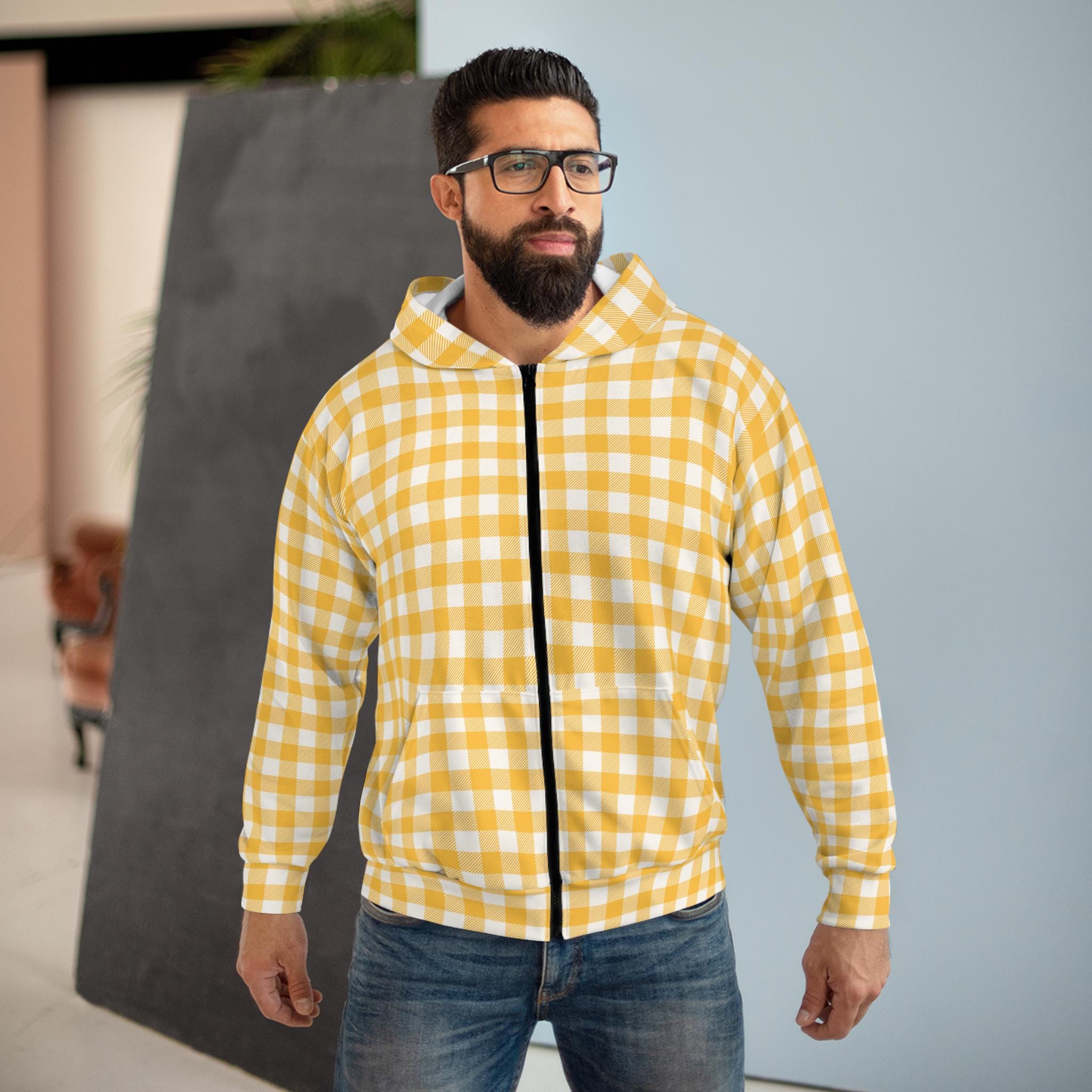 Unisex Zip Cute Hoodie Cozy Casual Wear Cute Yellow Plaid Jacket Gift for Everyday Style Cool Evenings Yellow Gingham Zip Jacket for Her