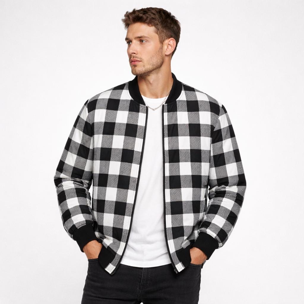 Men's Plaid Bomber Jacket Black White Buffalo Check Streetwear