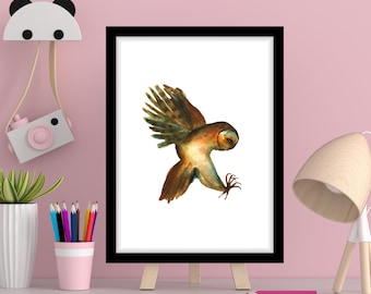 Owl Art Printable Digital Download Watercolor Print Barn Owl Artwork Nursery Decor