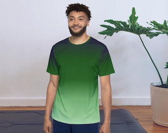 Maglia sportiva verde da uomo con effetto sfumato, maglietta AOP, abbigliamento sportivo casual.