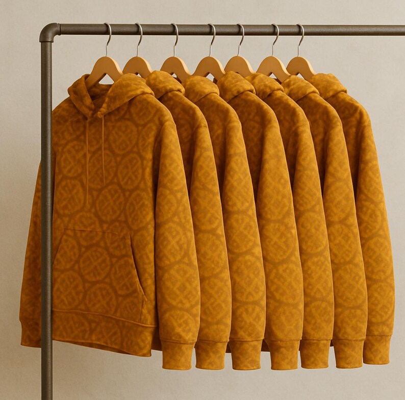 May include: Seven mustard-colored hoodies with a repeating circular pattern hang on wooden hangers from a metal clothing rack. Each hoodie has a front pocket and a hood. The hoodies are made of a soft material.