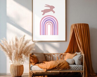 Afdrukbare muurkunst konijn pastel regenboog print kinderkamer konijntje download boho-kunstwerk