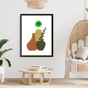 May include: A digital illustration of three vases with plants. The vases are brown, green, and yellow. The plants are green and brown.