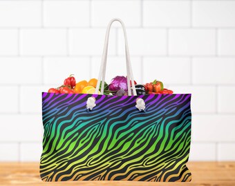 Bolsa de fin de semana con estampado de cebra arcoíris: bolso de viaje colorido, bolso de playa para pasar la noche