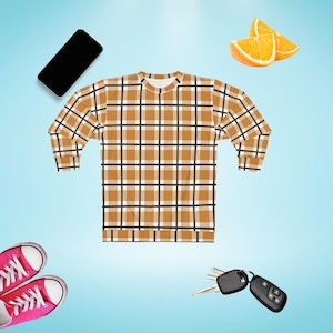Checkered Crewneck Brown Pullover Winter Unisex Plaid Sweatshirt Brown Plaid Top Cute Jumper Print Tartan Sweater Buffalo Plaid Print Shirt
