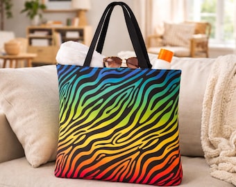 Bolso tote con estampado de cebra arcoíris, bolso de hombro con animales coloridos, ideal para viajes a la playa todos los días.