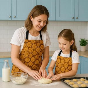 May include: A woman and a child wear aprons patterned with yellow waffles on a brown background. The aprons have black straps. They are in a kitchen, preparing dough. A bottle of milk and a bowl of flour are visible.
