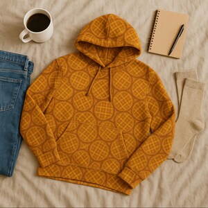 May include: Mustard yellow hoodie with a waffle pattern, a front pocket, and a drawstring hood. The image also includes a pair of blue jeans, a white coffee mug, a notebook, a pen, and a pair of beige socks. The hoodie is the focal point.