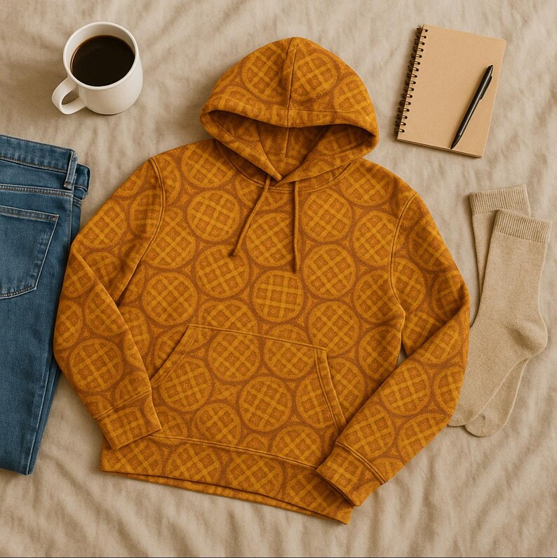 May include: Mustard yellow hoodie with a waffle pattern, a front pocket, and a drawstring hood. The image also includes a pair of blue jeans, a white coffee mug, a notebook, a pen, and a pair of beige socks. The hoodie is the focal point.