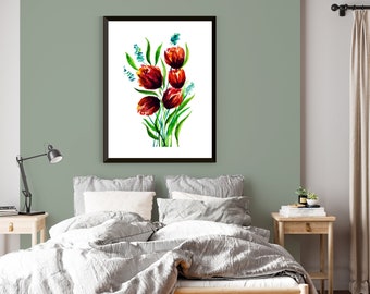 Tulip Painting, Tulip Art Download, Red Watercolor Tulips, Red Tulips Digital Art, Red Tulip Art Print, Loose Floral Watercolor Painting