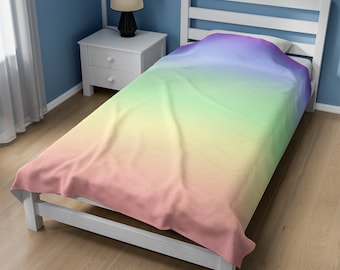Plush Cozy Blanket Soft Velveteen Throw Pastel Blanket Print Cute Rainbow Throw Soft Colorful Bedcover Gradient Pastel Ombré Rainbow Bedding