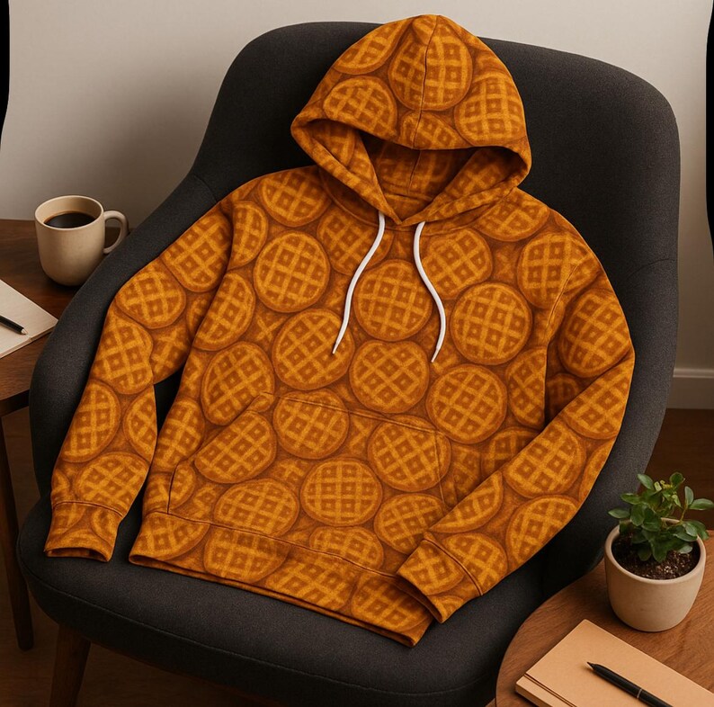 May include: A hooded sweatshirt featuring a repeating pattern of waffles in shades of brown and orange. The hoodie has a front pocket and white drawstrings. The garment is displayed on a dark gray armchair.