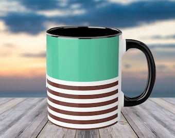 Retro Mug for Coffee and Tea Lovers, Brown Striped Mug, Unique Cute Blue 11  oz Mug, Turquoise Blue Ceramic Coffee Mug, Cacao Cup