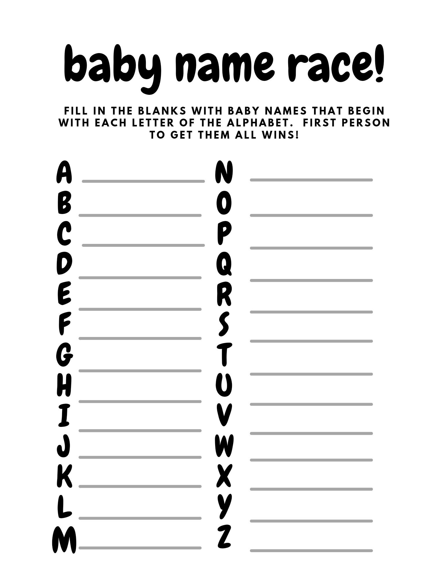 PRINTABLE Baby Names Race | Etsy