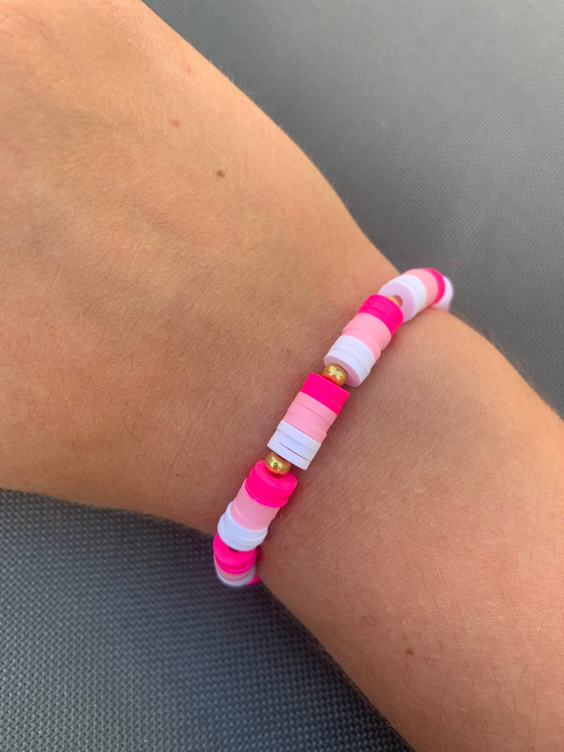 Preppy Pink, Pearl, and Gold Clay Bead Bracelet