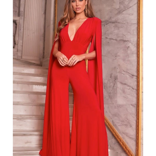 Plunge Neck Long Cape Backless Jumpsuit | Party Cocktail Wear Deep Neck Jumpsuit Wide Leg Trousers | All in one event wear | Glamorous Ball