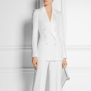 Tailleur-pantalon croisé blanc pour femme | Ensemble blazer et pantalon large | Costume personnalisé pour femme | Tenue de soirée cocktail pour femme