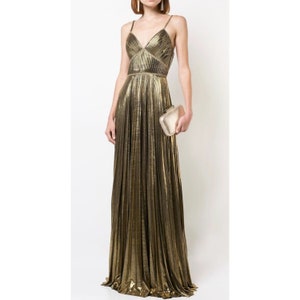 Foil print pleated knit evening gown Long metallic foil V neck dress New years eve outfit Bridesmaids metallic dress evening wear image 1