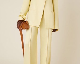 Lemon Yellow Single Breasted Collarless Blazer Pantsuit For Women, Coat & Pant Suit Set, Customised Ladies Suit, Women Cocktail Formal Wear