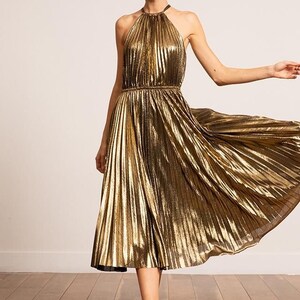Foil print pleated knit evening gown Long metallic foil V neck dress New years eve outfit Bridesmaids metallic dress evening wear image 3