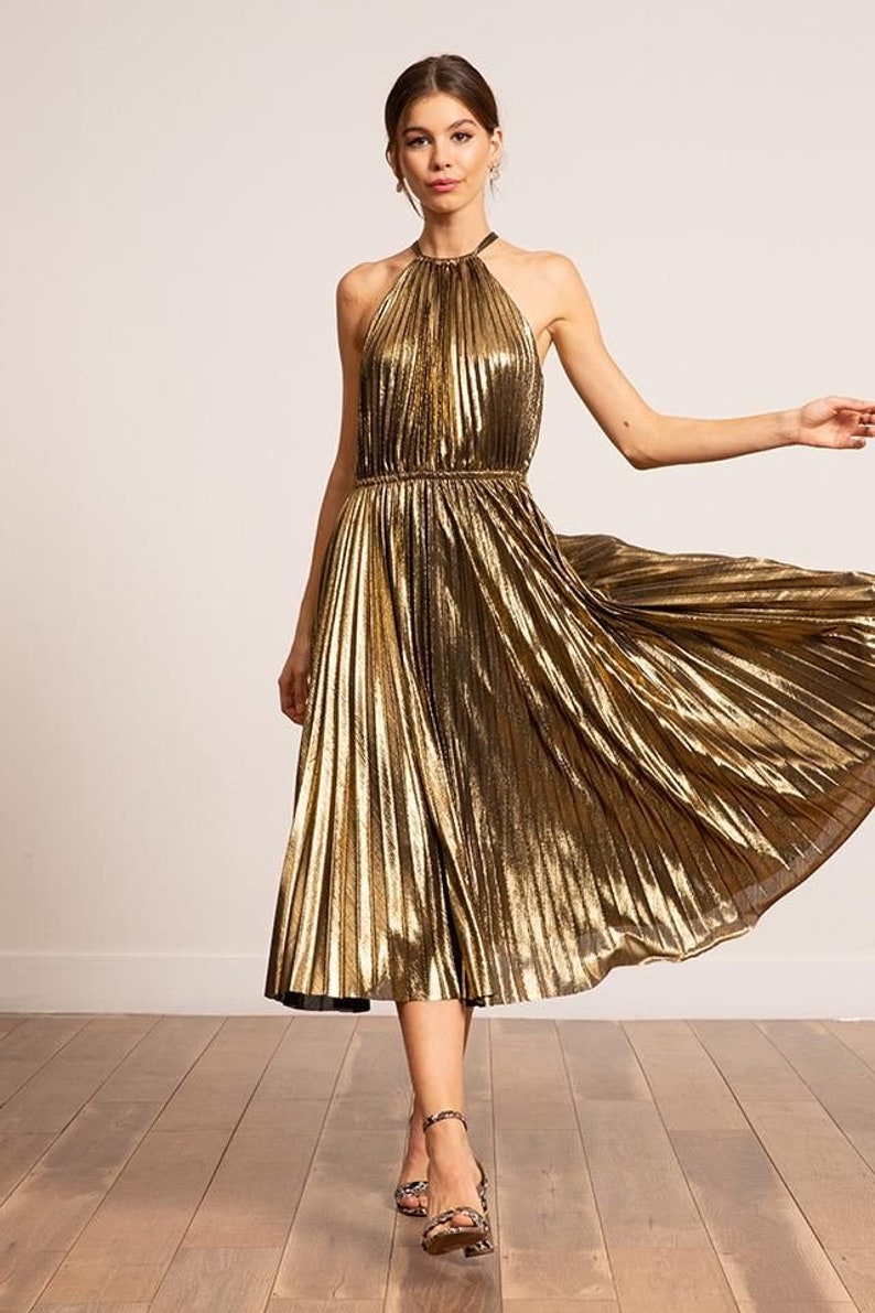 Foil print pleated knit evening gown Long metallic foil V neck dress New years eve outfit Bridesmaids metallic dress evening wear image 3