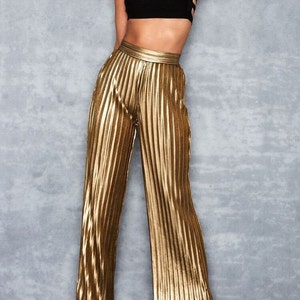 Shimmery Gold Metallic Pleated Trousers, New year’s eve outfit, Metallic Gold Pants, evening party pants, Gold High waisted tailored pants