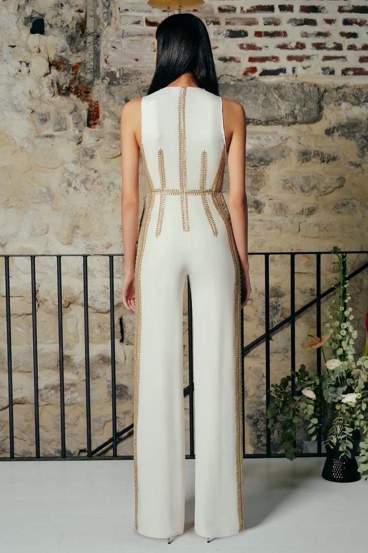 Clemence | Brown Plunge-Neck Jumpsuit
